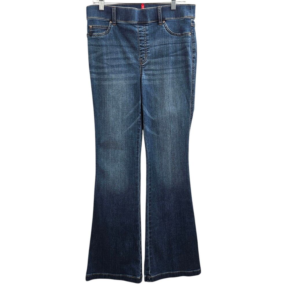 Spanx Pull-On Flare Jeans Size Large Dark Wash Stretch Denim High Rise